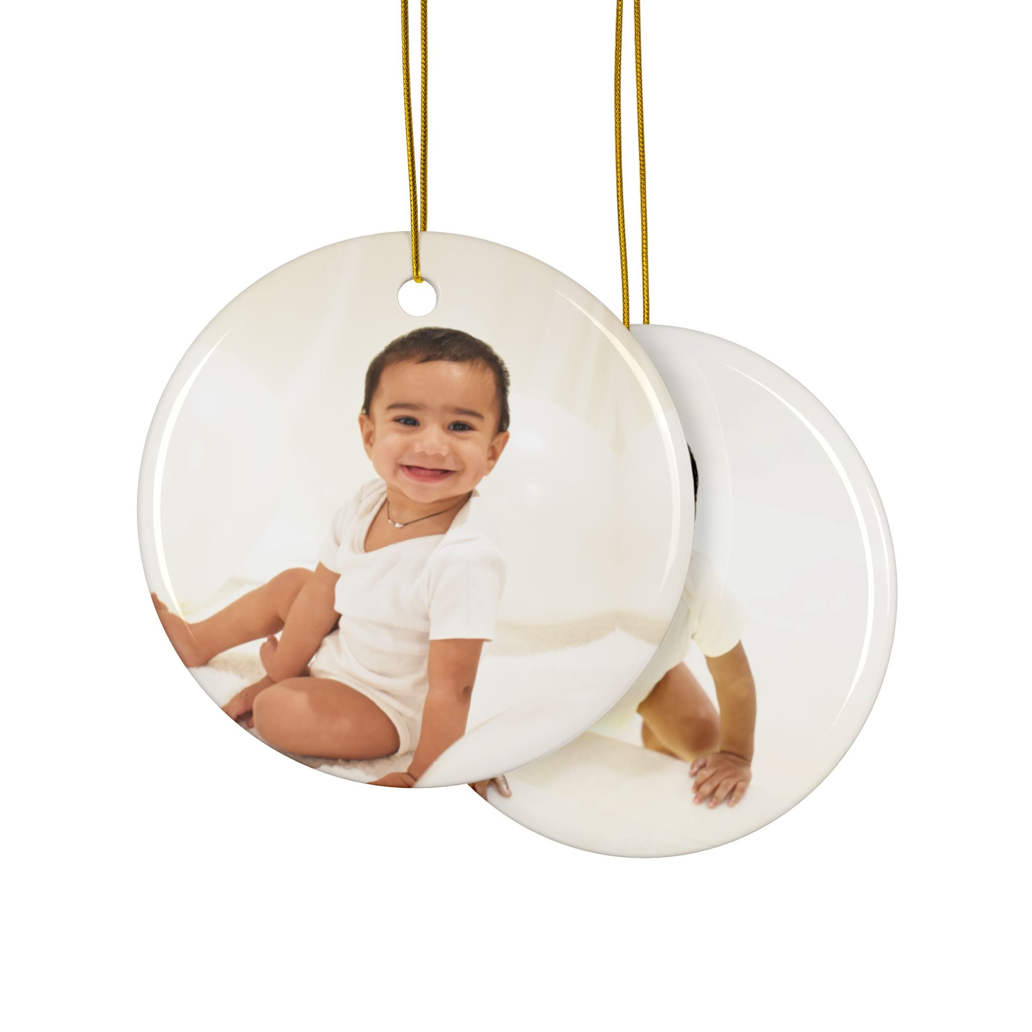 Personalized Double-Sided Ceramic Photo Ornament – Round Baby Keepsake | Single Ornament 19.99, Bundle of 3 for 29.99