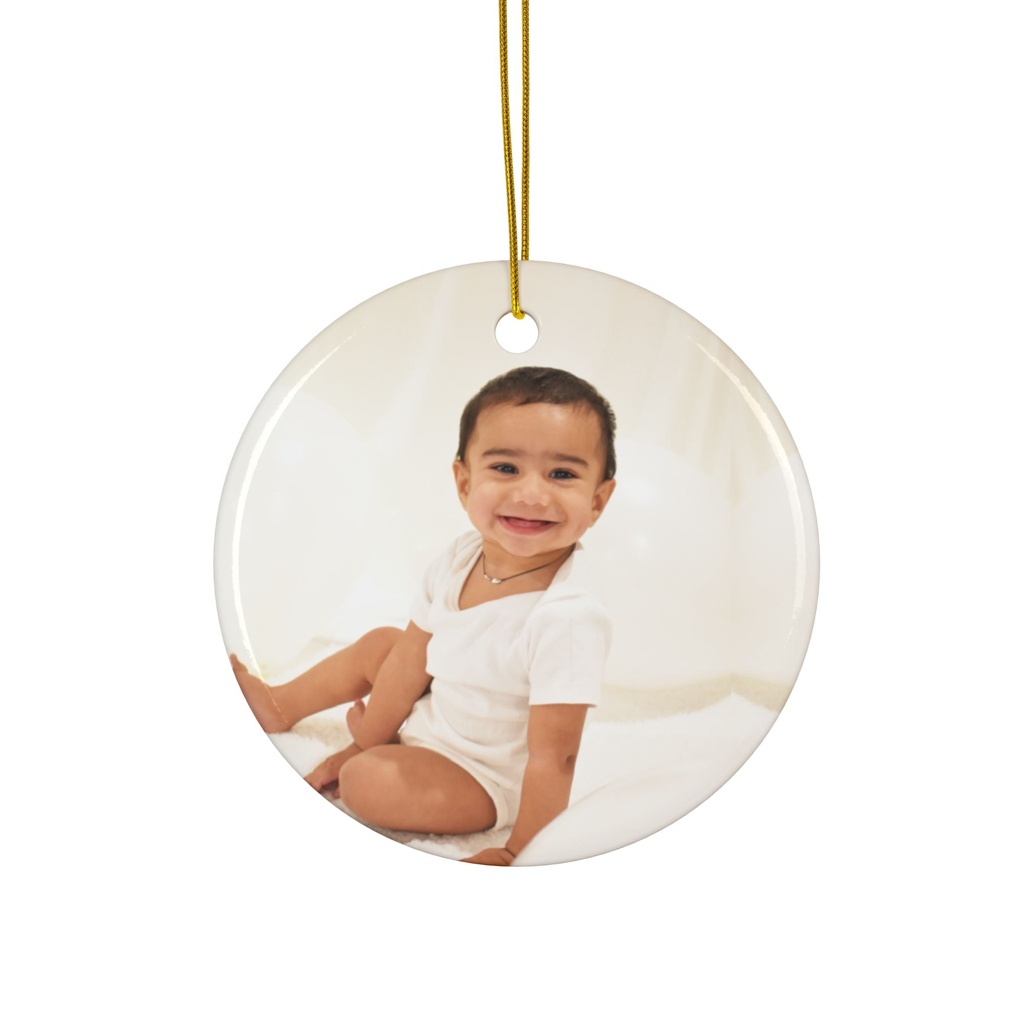 Personalized Double-Sided Ceramic Photo Ornament – Round Baby Keepsake | Single Ornament 19.99, Bundle of 3 for 29.99