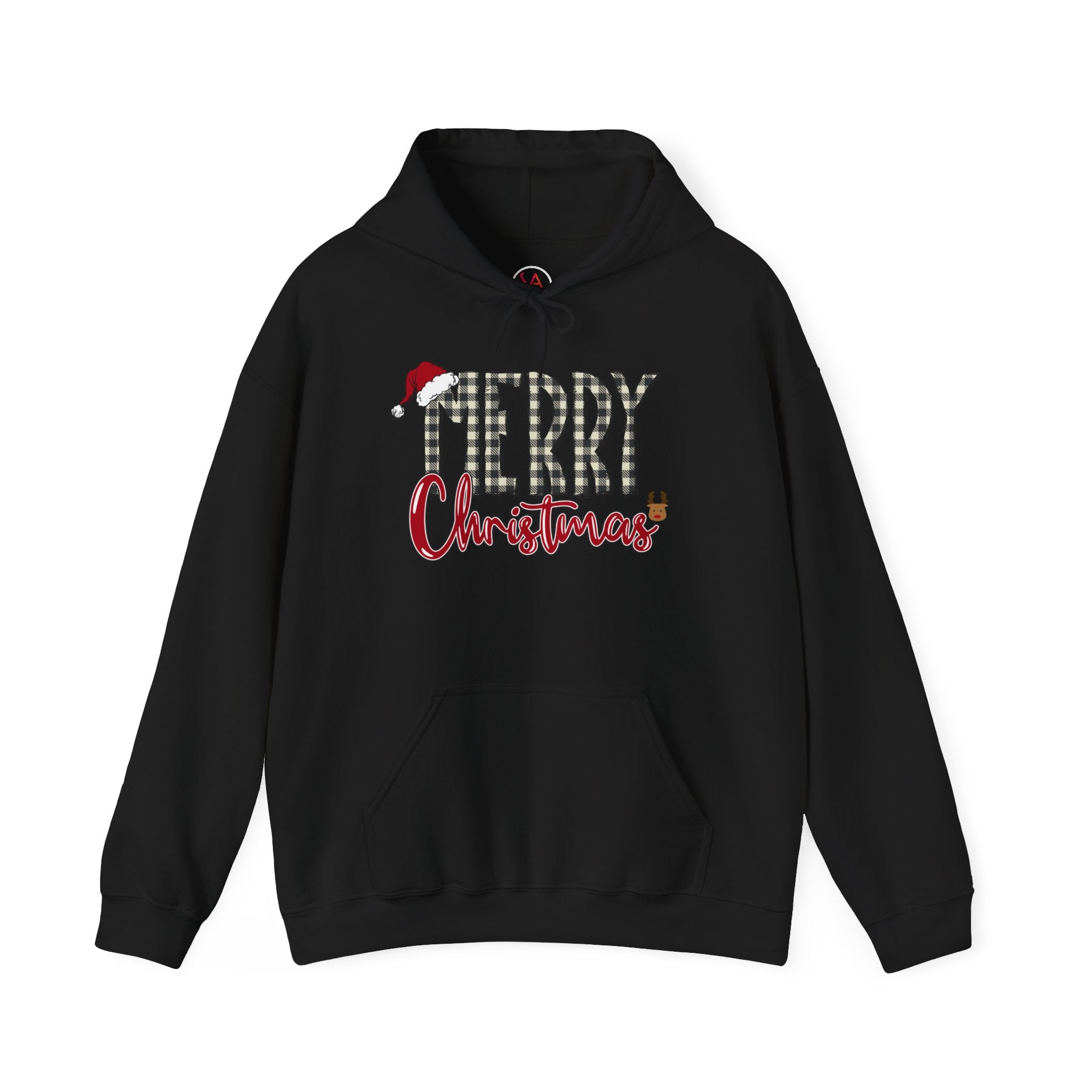 Christmas Hoodie — "Merry Christmas" Buffalo Plaid Santa Hat Holiday Sweatshirt