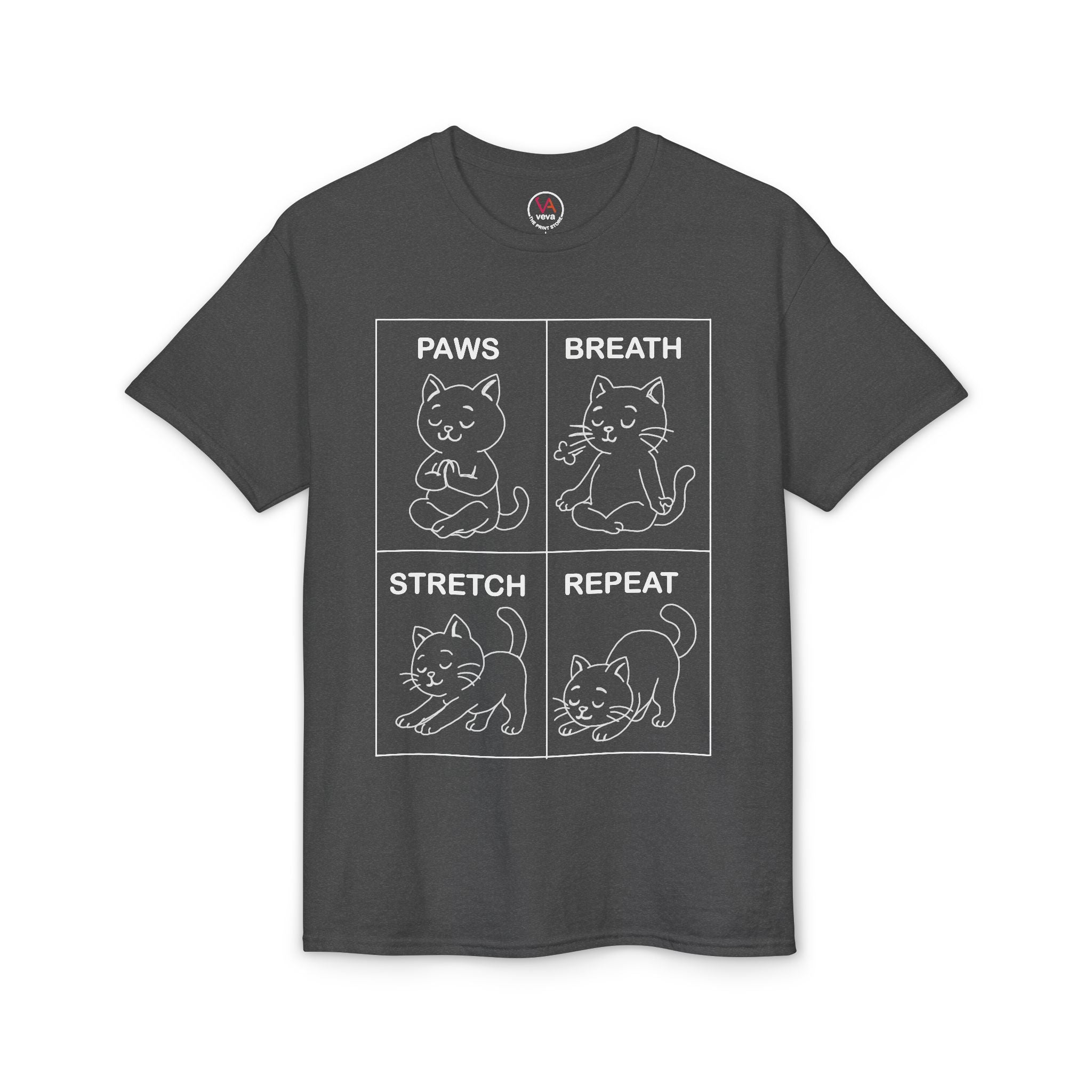 Paws Breath Stretch Repeat T‑Shirt — Cute Cat Yoga Graphic Tee
