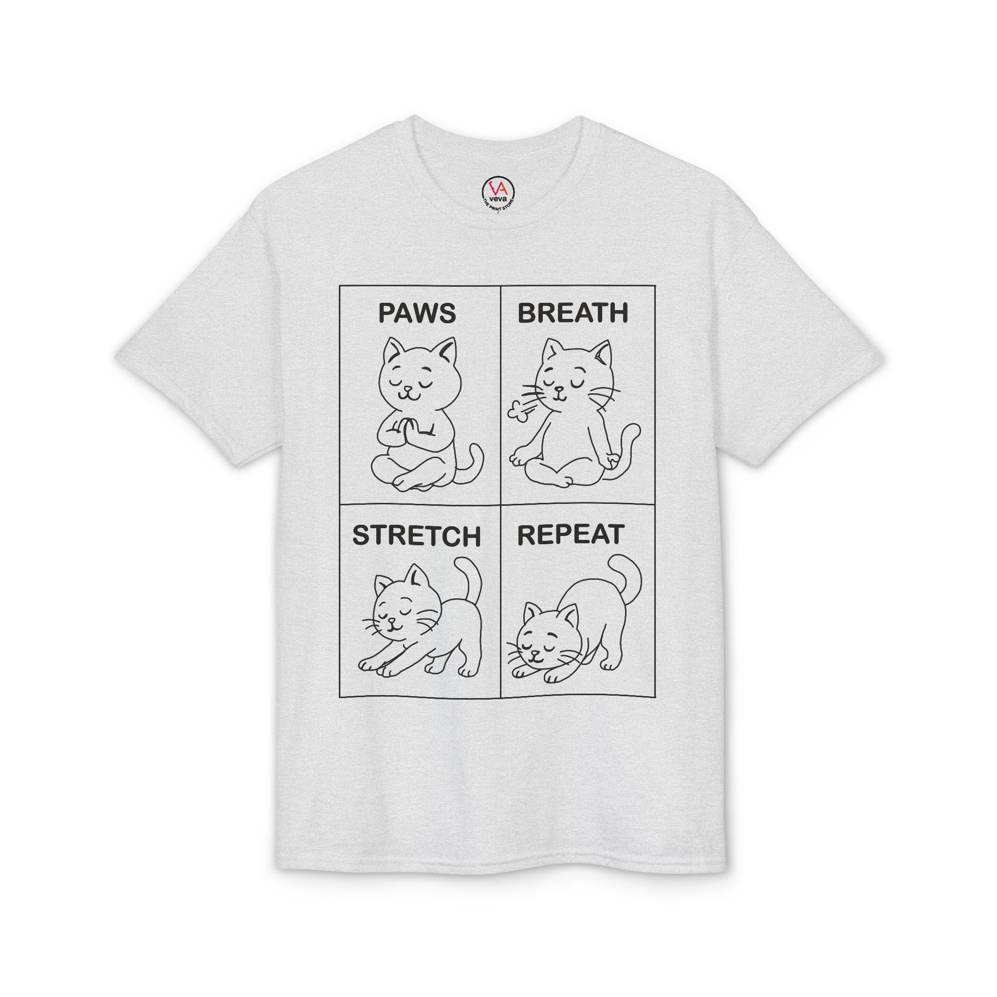 Paws Breath Stretch Repeat T‑Shirt — Cute Cat Yoga Graphic Tee