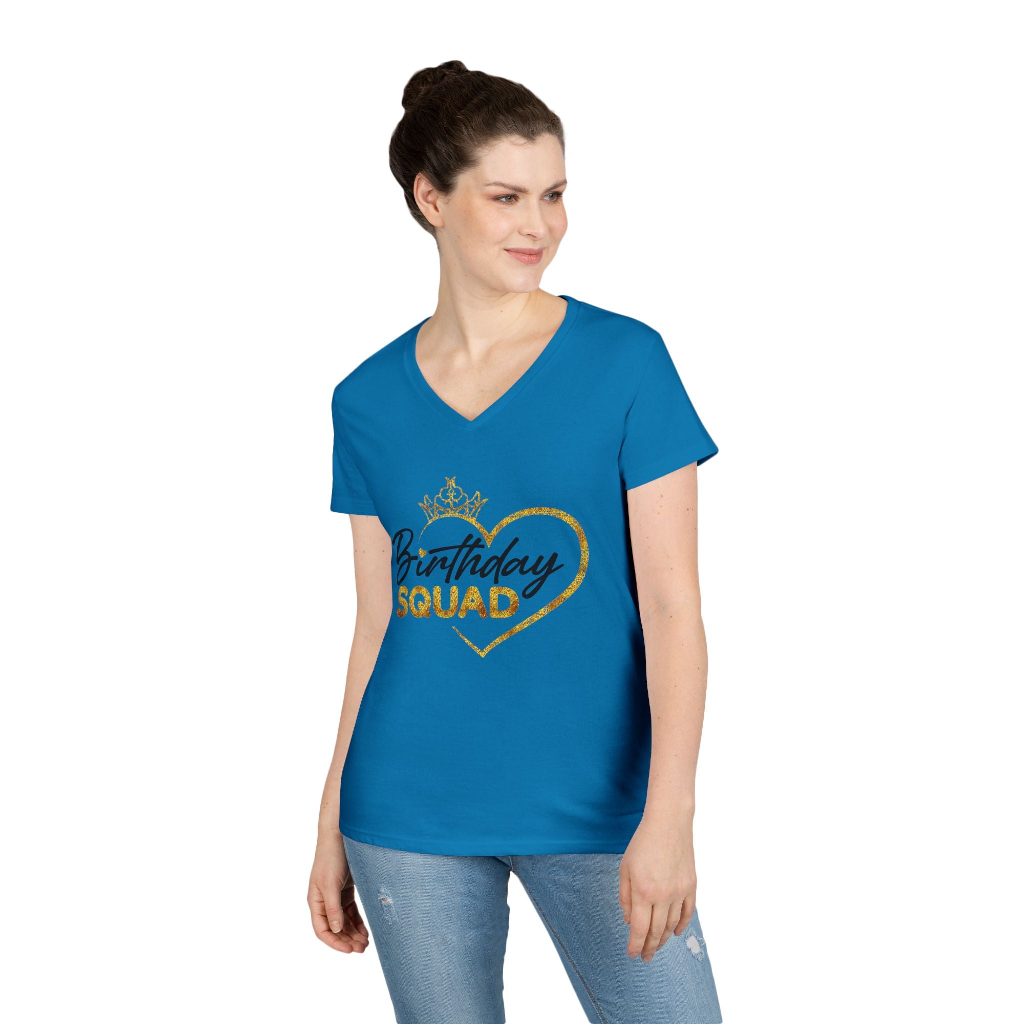 Birthday Squad V-Neck Tee — Women’s Party Shirt with Gold Heart & Crown