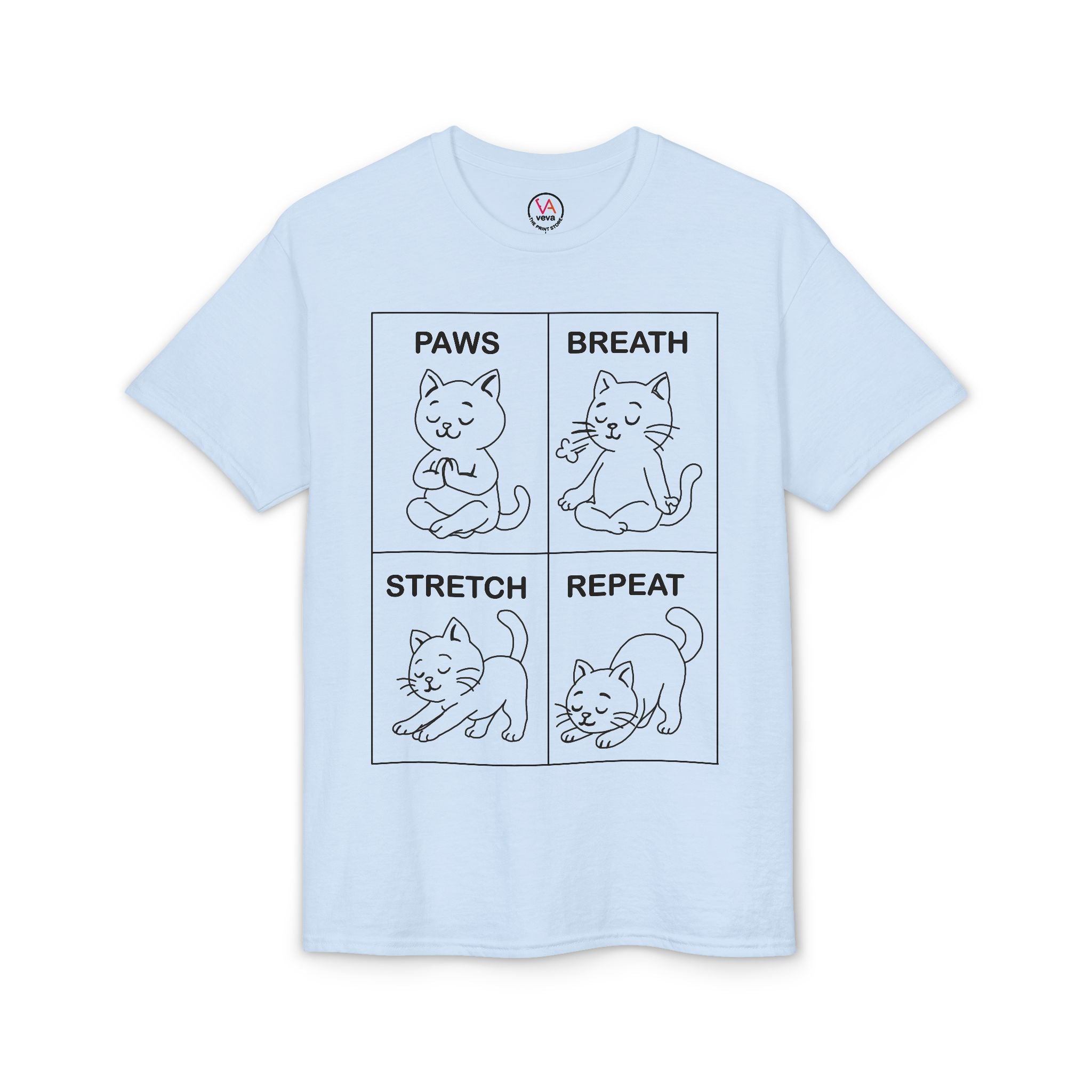 Paws Breath Stretch Repeat T‑Shirt — Cute Cat Yoga Graphic Tee