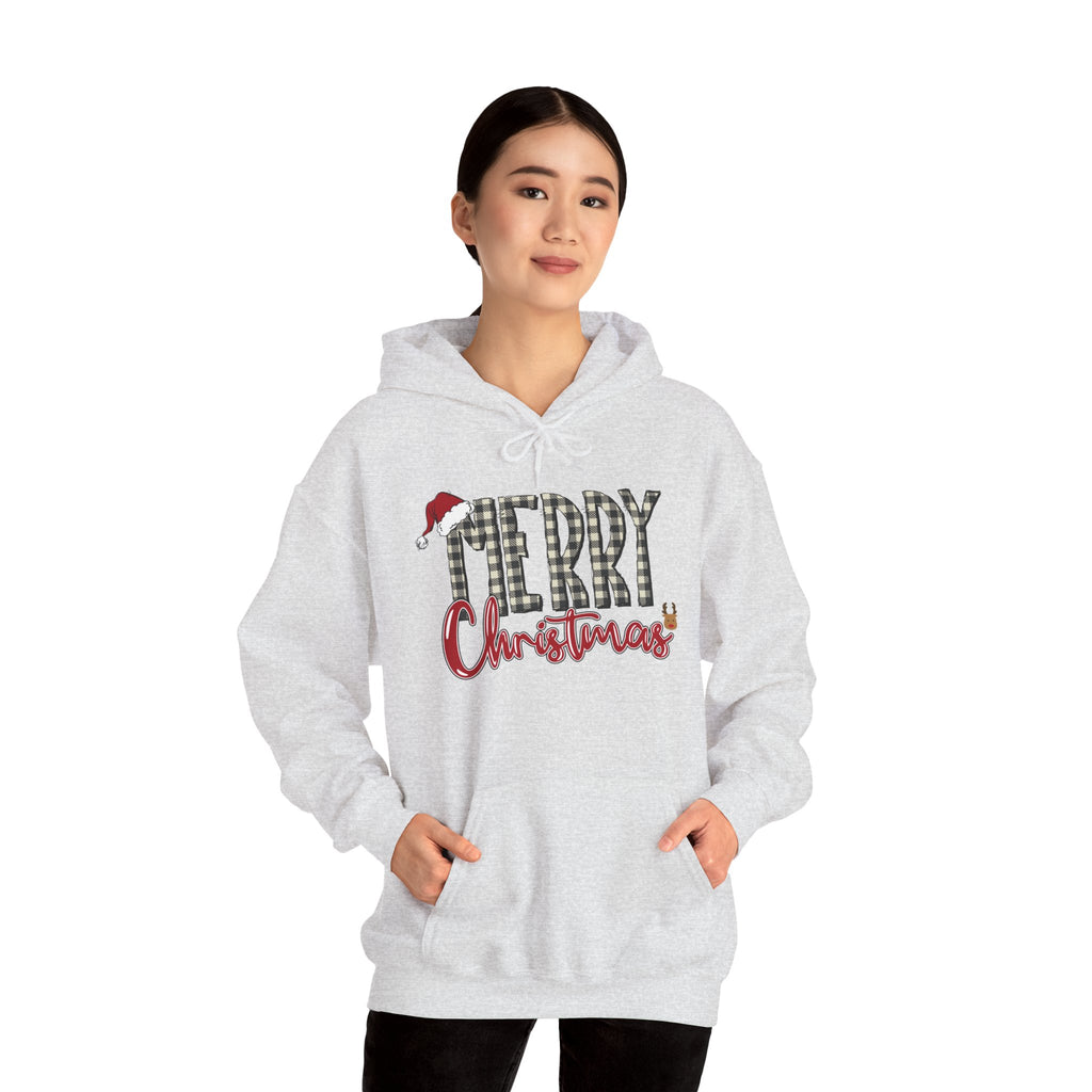Christmas Hoodie — "Merry Christmas" Buffalo Plaid Santa Hat Holiday Sweatshirt