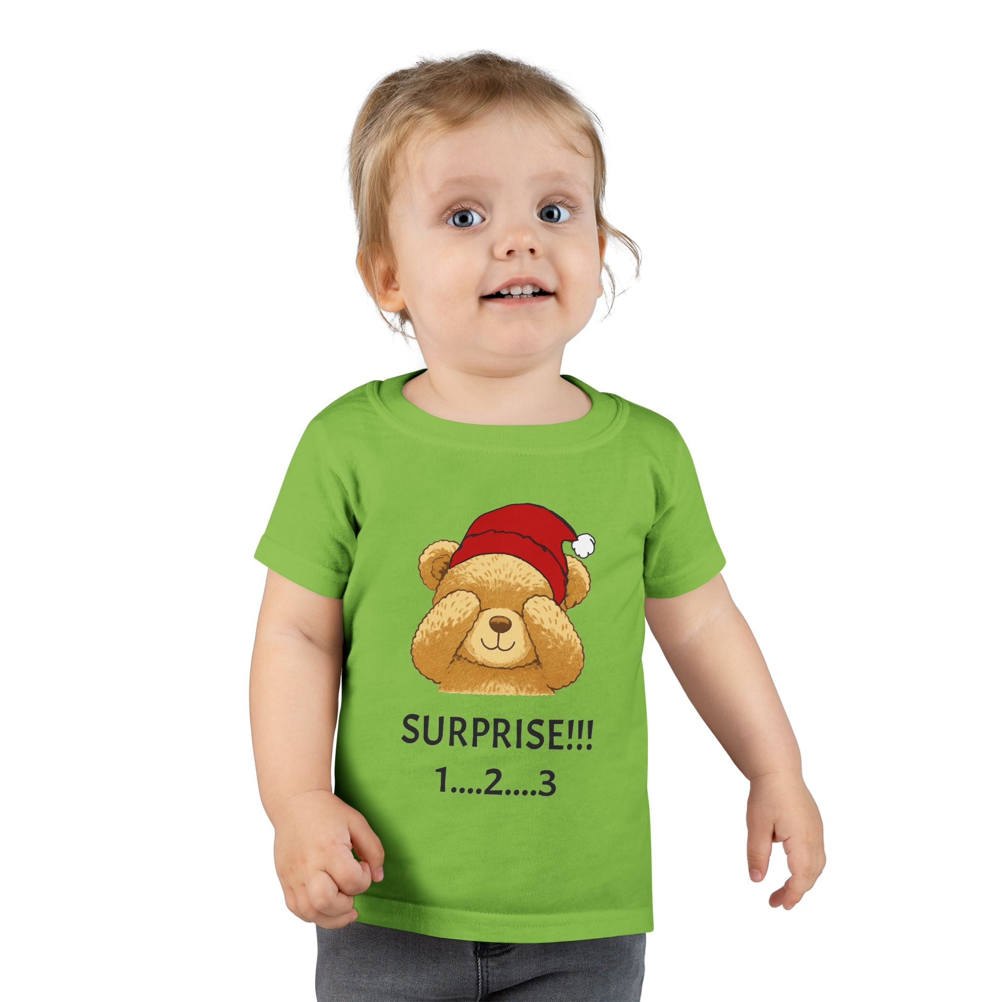 Toddler T-Shirt - Cute Surprise Bear with Santa Hat "SURPRISE!!! 1...2...3" Christmas Holiday Tee