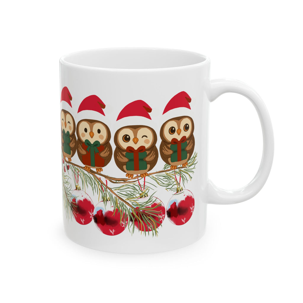 Christmas Owl Mug - Cute Santa Owls on Pine Branch Holiday Coffee Cup (11oz)