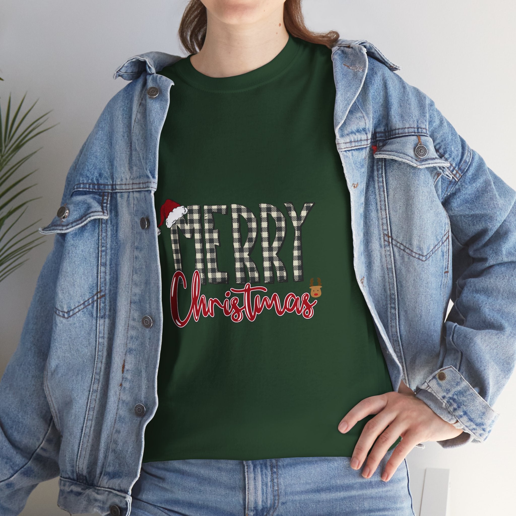 Merry Christmas Plaid Tee — Festive Santa Hat Holiday T‑Shirt