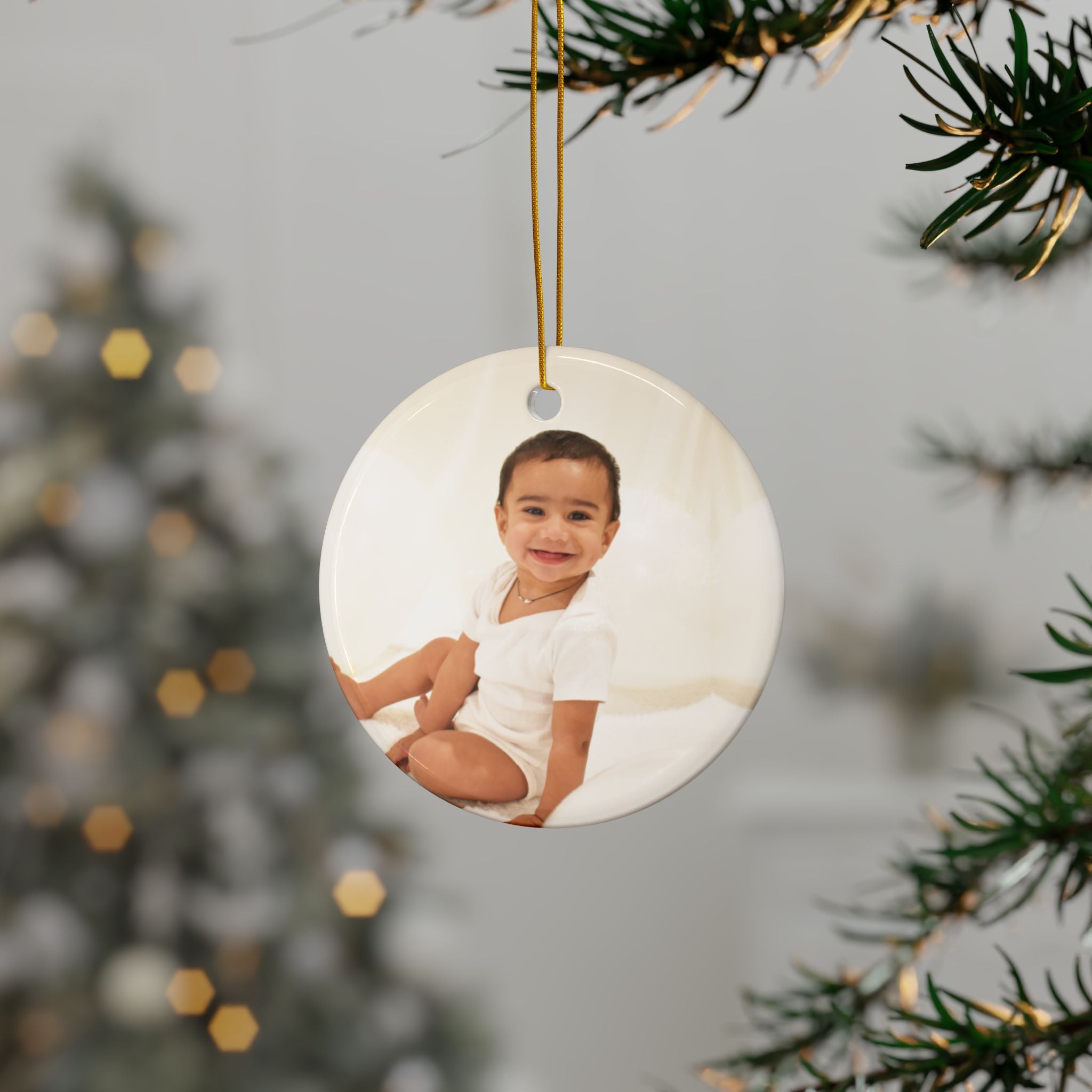 Personalized Double-Sided Ceramic Photo Ornament – Round Baby Keepsake | Single Ornament 19.99, Bundle of 3 for 29.99