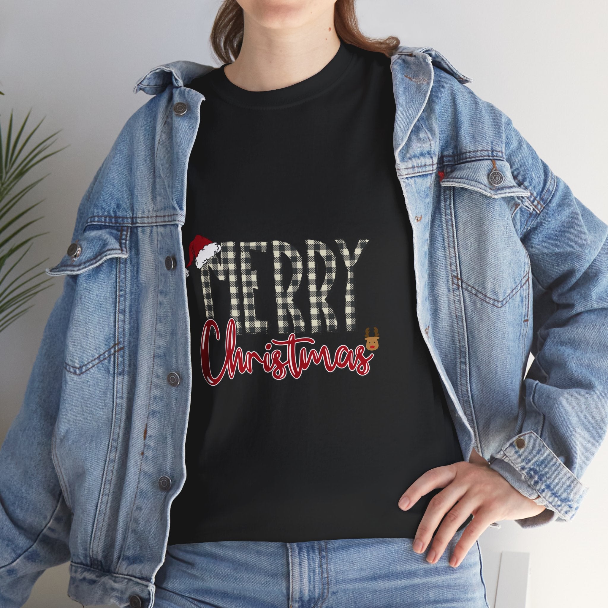 Merry Christmas Plaid Tee — Festive Santa Hat Holiday T‑Shirt