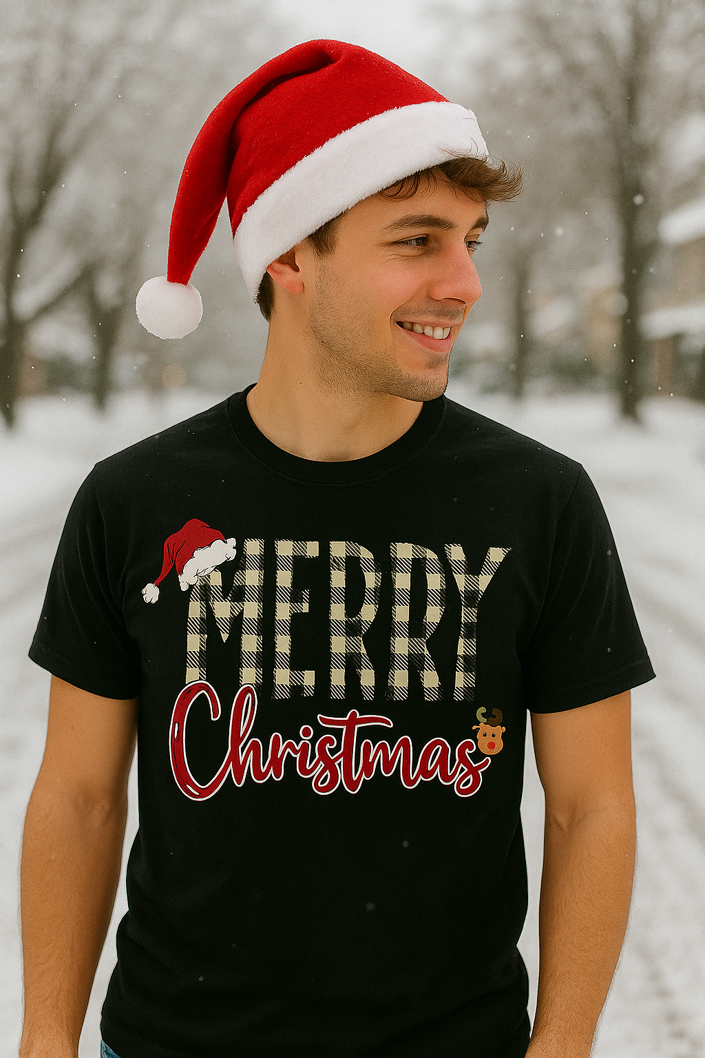 Merry Christmas Plaid Tee — Festive Santa Hat Holiday T‑Shirt