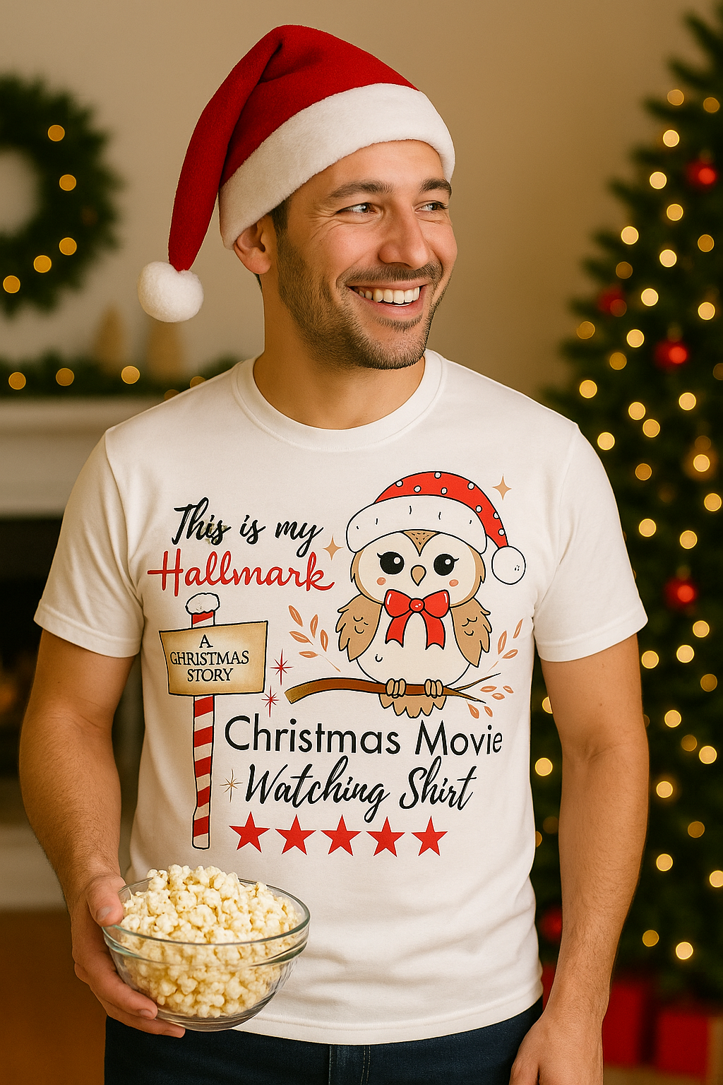 Christmas Movie Watching Shirt — Cute Owl Santa Holiday Tee
